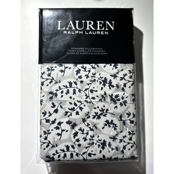 Ralph Lauren 2 Standard Pillowcases Eva Leaf Modern Grey Multi Floral Elegant - Picture 1 of 6